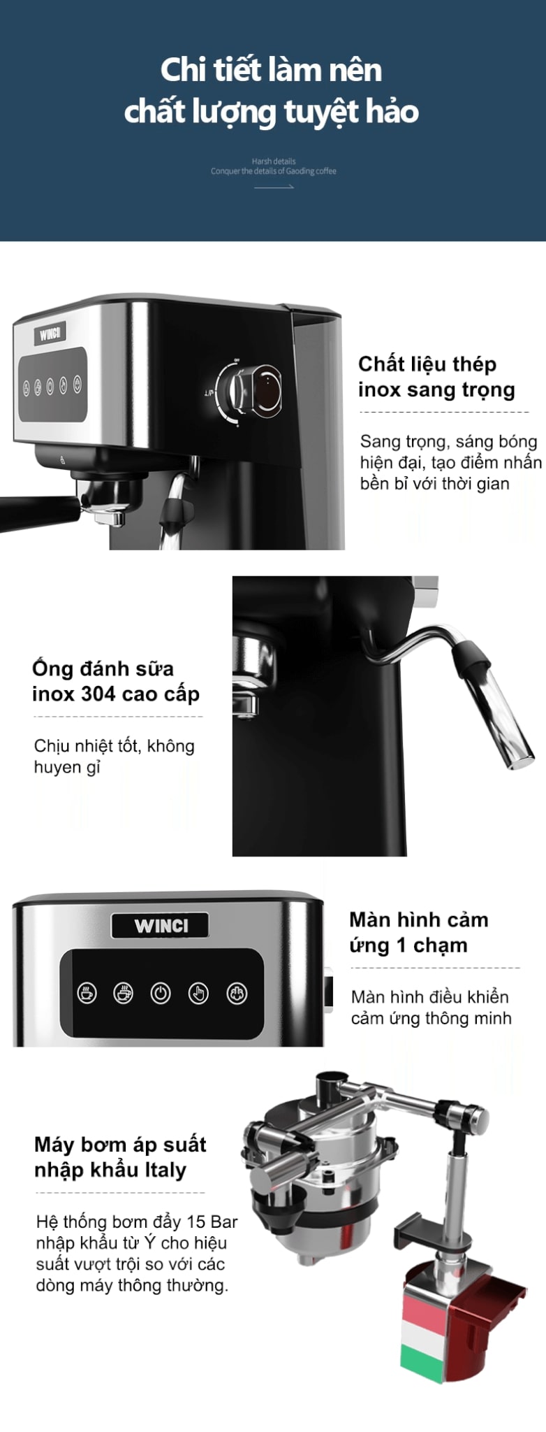 Các bộ phận chất lượng của máy pha cà phê Espresso Italia Winci CM3000