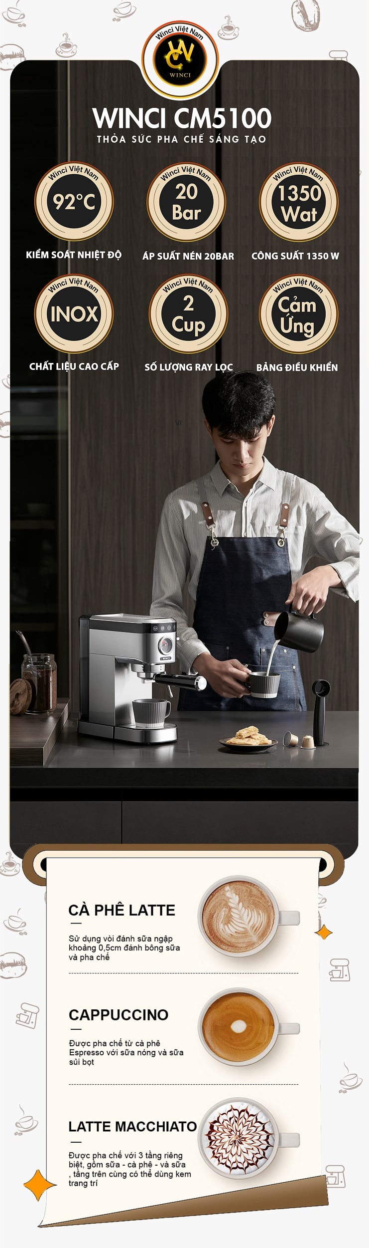 Pha được đa dạng các loại cà phê hơn với máy pha cà phê Espresso Winci CM5100