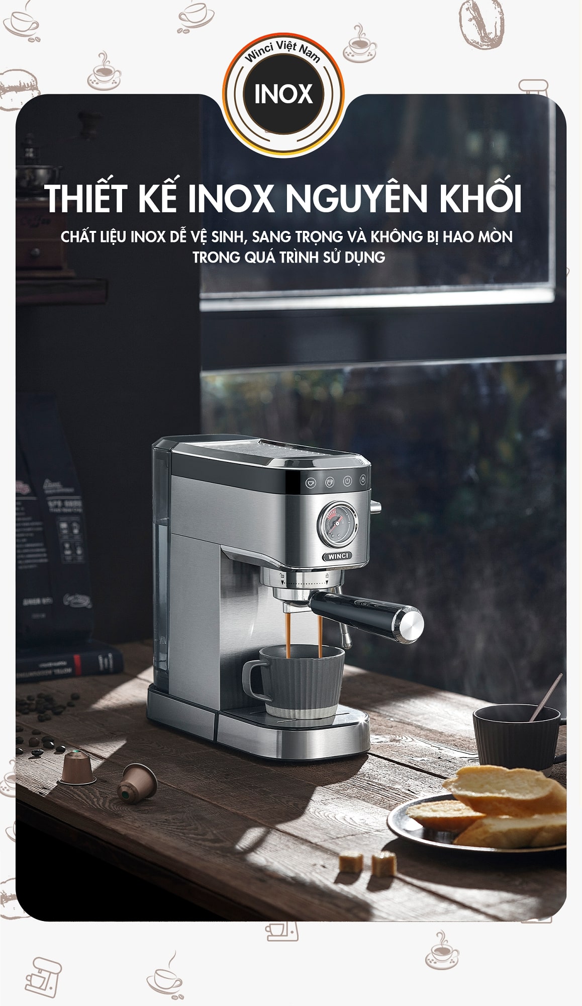 Máy pha cà phê Espresso Winci CM5100 được thiết kế bằng inox nguyên khối 