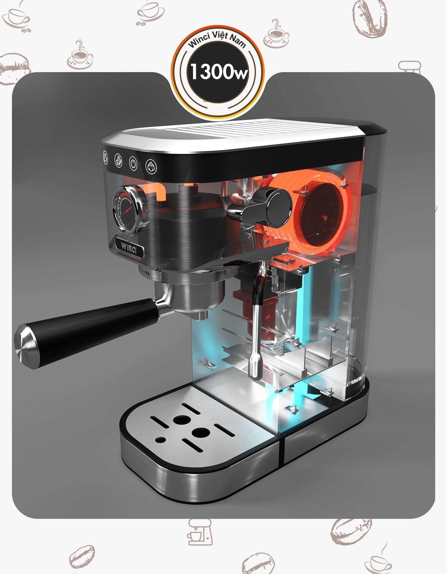Công xuất máy pha cà phê Winci CM5100 là 1300w