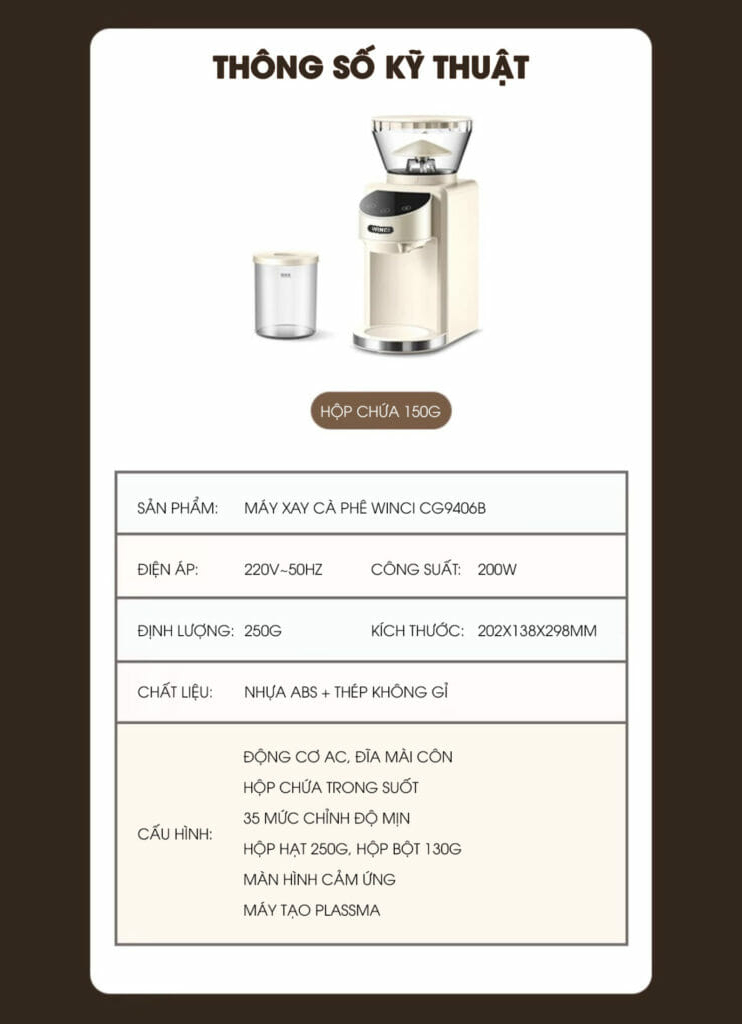 Thông số kỹ thuật của máy xay cà phê Winci CG9406B 