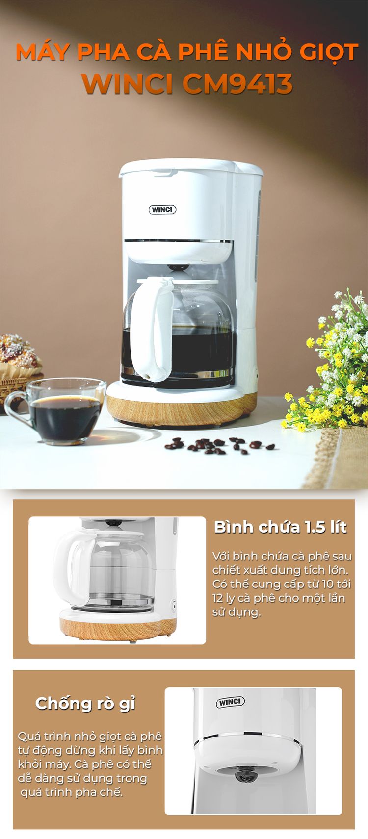 Máy pha cà phê Drip Winci CM9413 với bình chứa 1,5 lít và khả năng chống rò gỉ