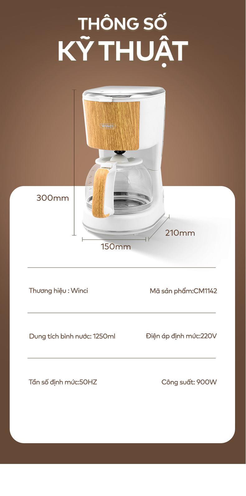 Thông số kỹ thuật của máy pha cà phê Drip Winci CM1142