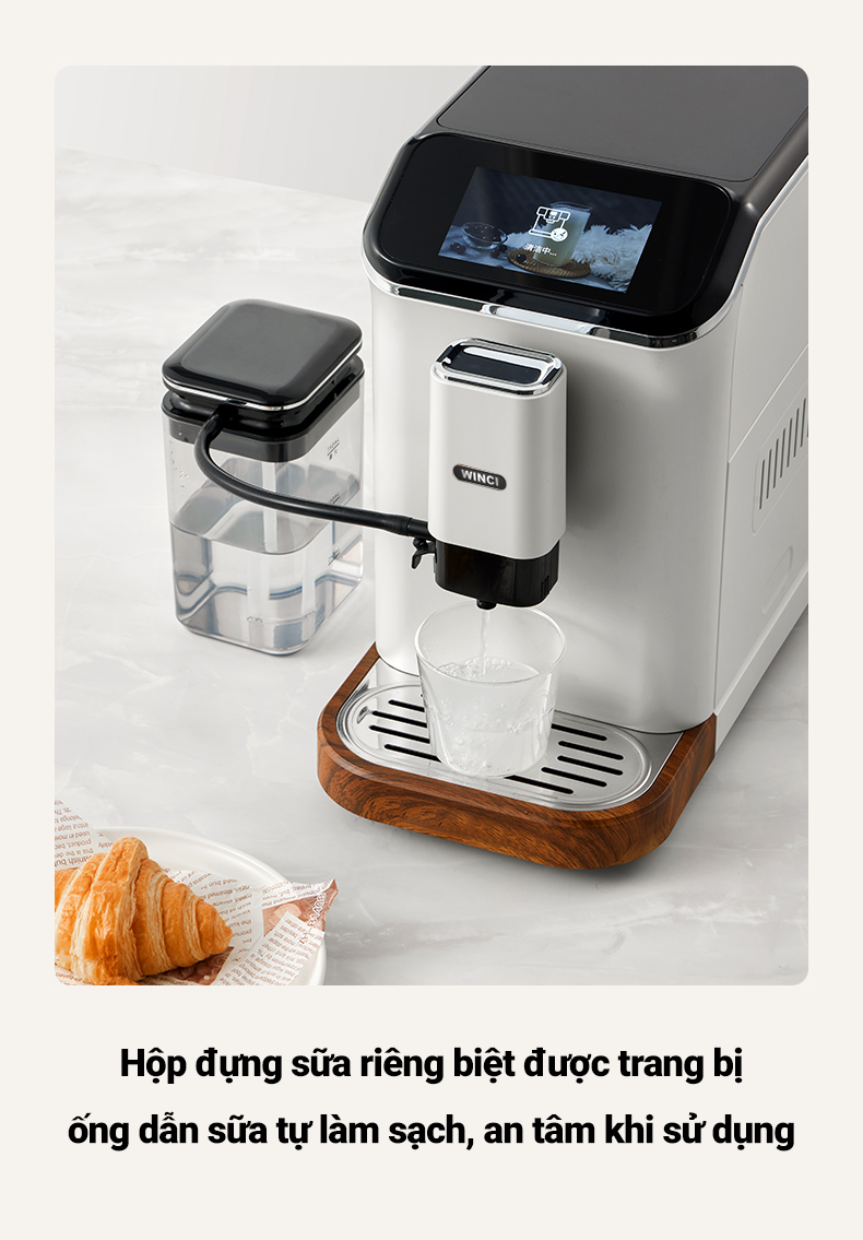 Máy pha cà phê Winci EM64 được trang bị sẵn hộp đựng sữa biệt