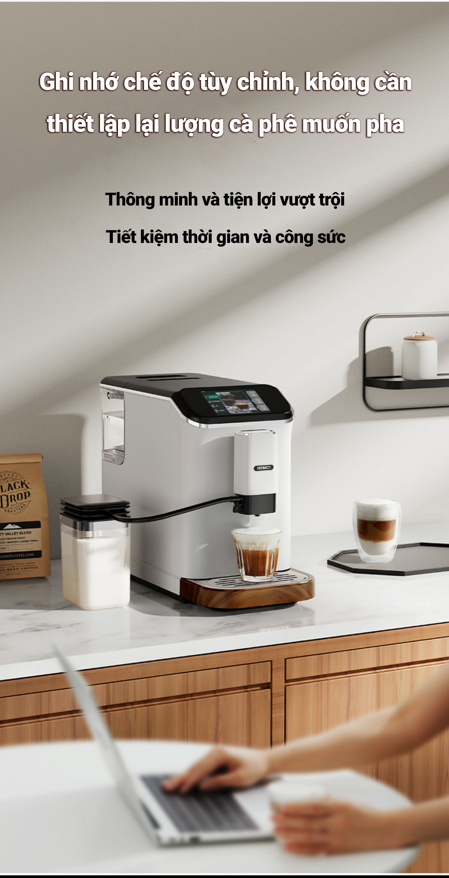  Tuỳ chỉnh chế độ pha cà phê dễ dàng với máy pha cà phê Winci EM64