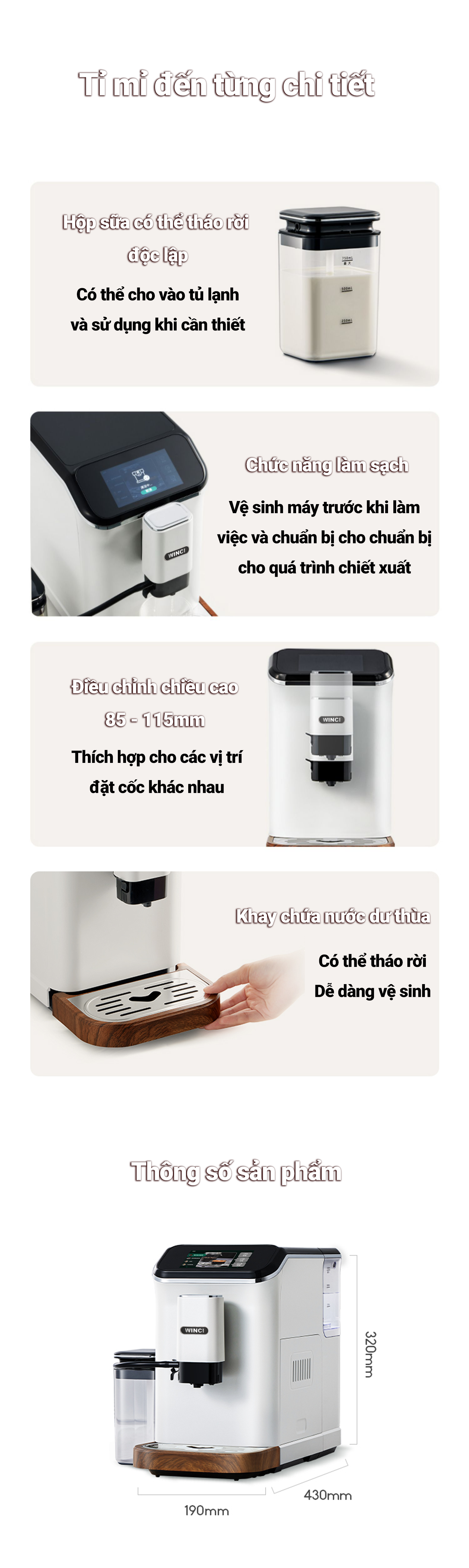 Chức năng và thông số sản phẩm của máy pha cà phê Winci EM64