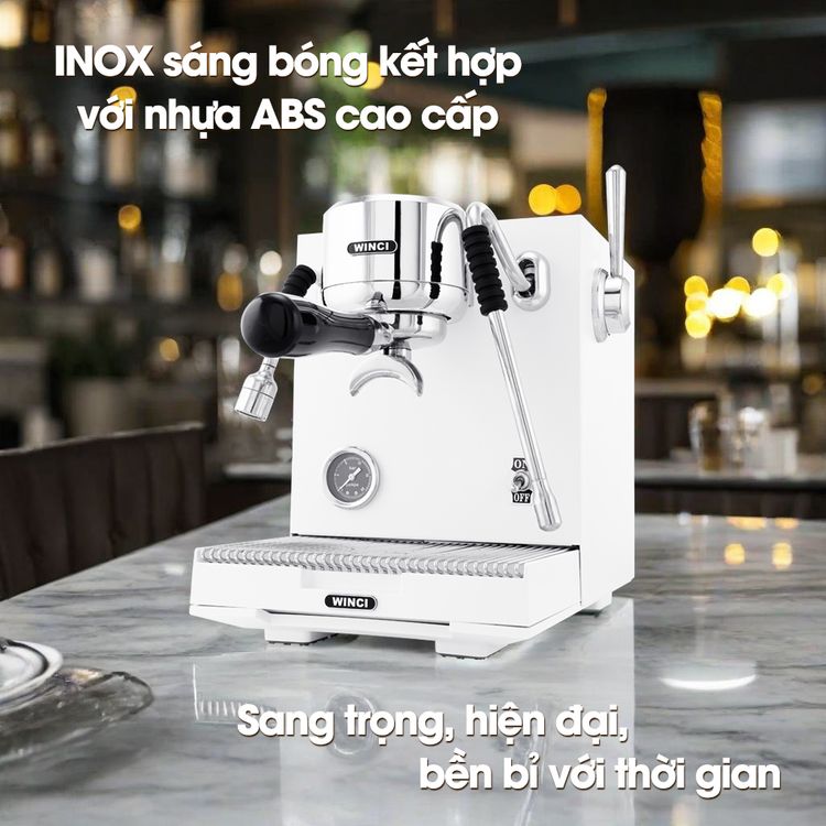 Chất liệu INOX sáng bóng kết hợp với nhựa ABS cao cấp của máy pha cà phê Winci EM56