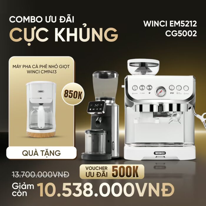 Combo Máy Pha Cà Phê Winci Em5212 Và Máy Xay Cà Phê Winci Cg5002