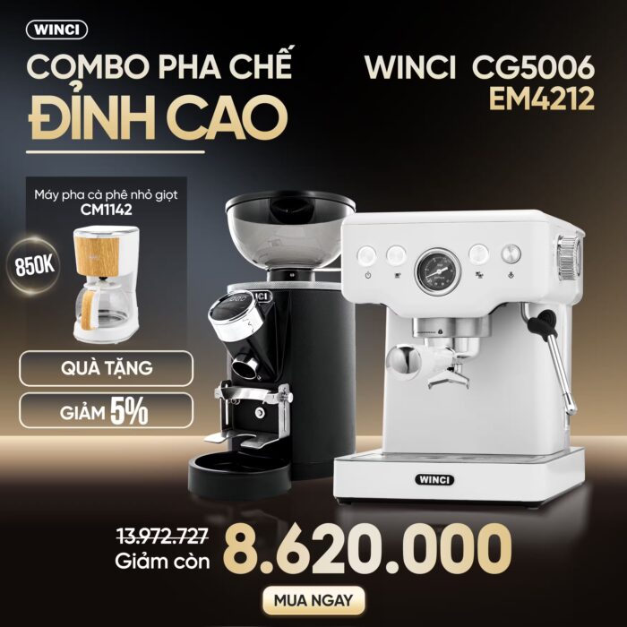Combo Máy Pha Cà Phê Winci Em4212 Và Máy Xay Cà Phê Winci Cg5006