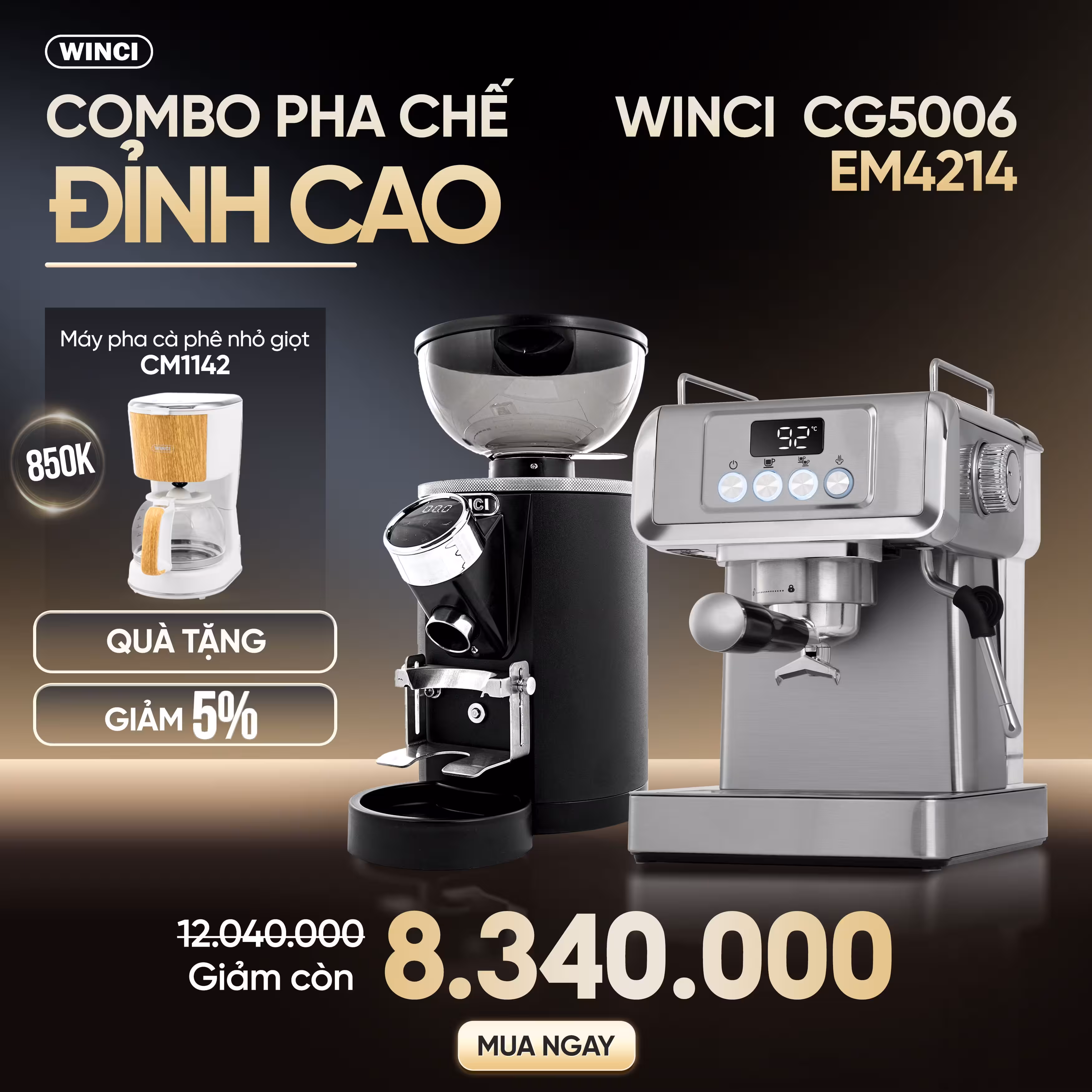 Combo Máy Pha Cà Phê Winci Em4214 Và Máy Xay Cà Phê Winci Cg5006