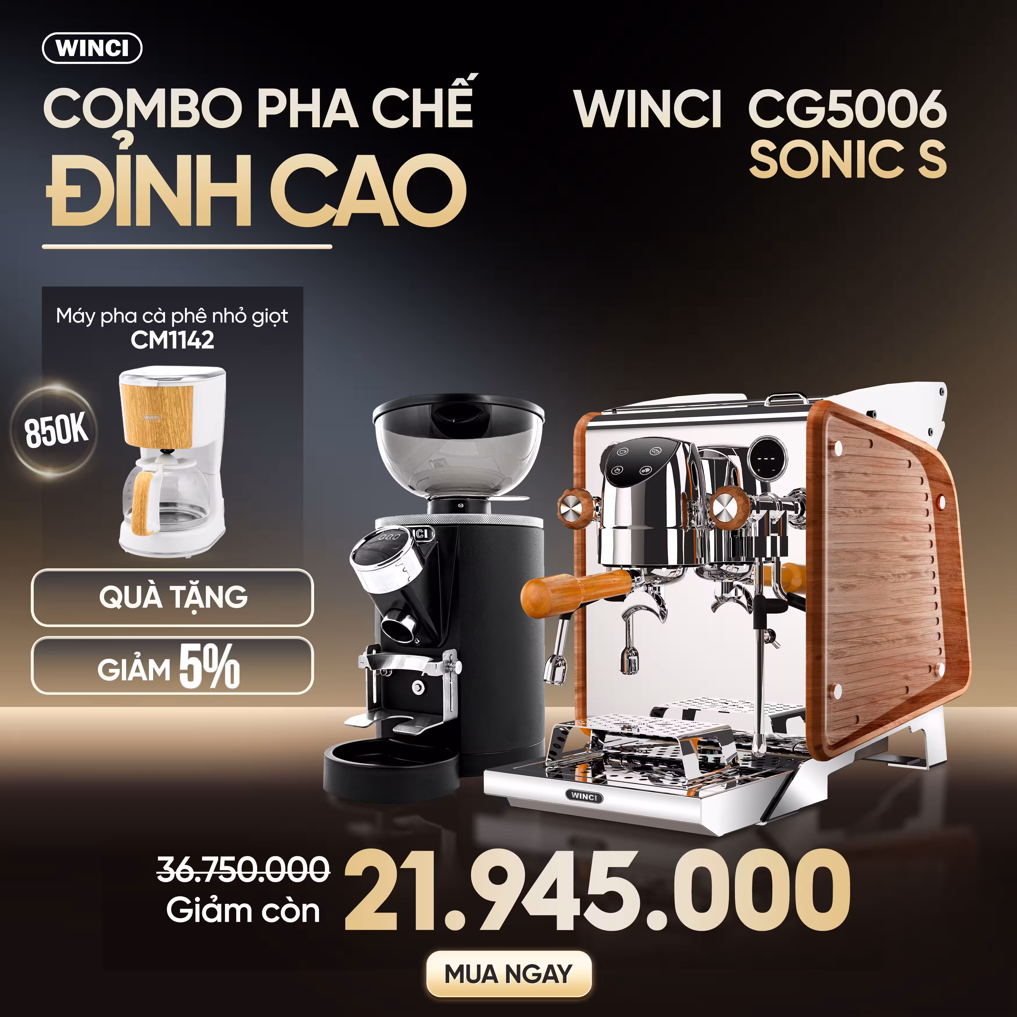 Combo Máy Pha Cà Phê Winci Sonic S Và Máy Xay Cà Phê Winci Cg5006